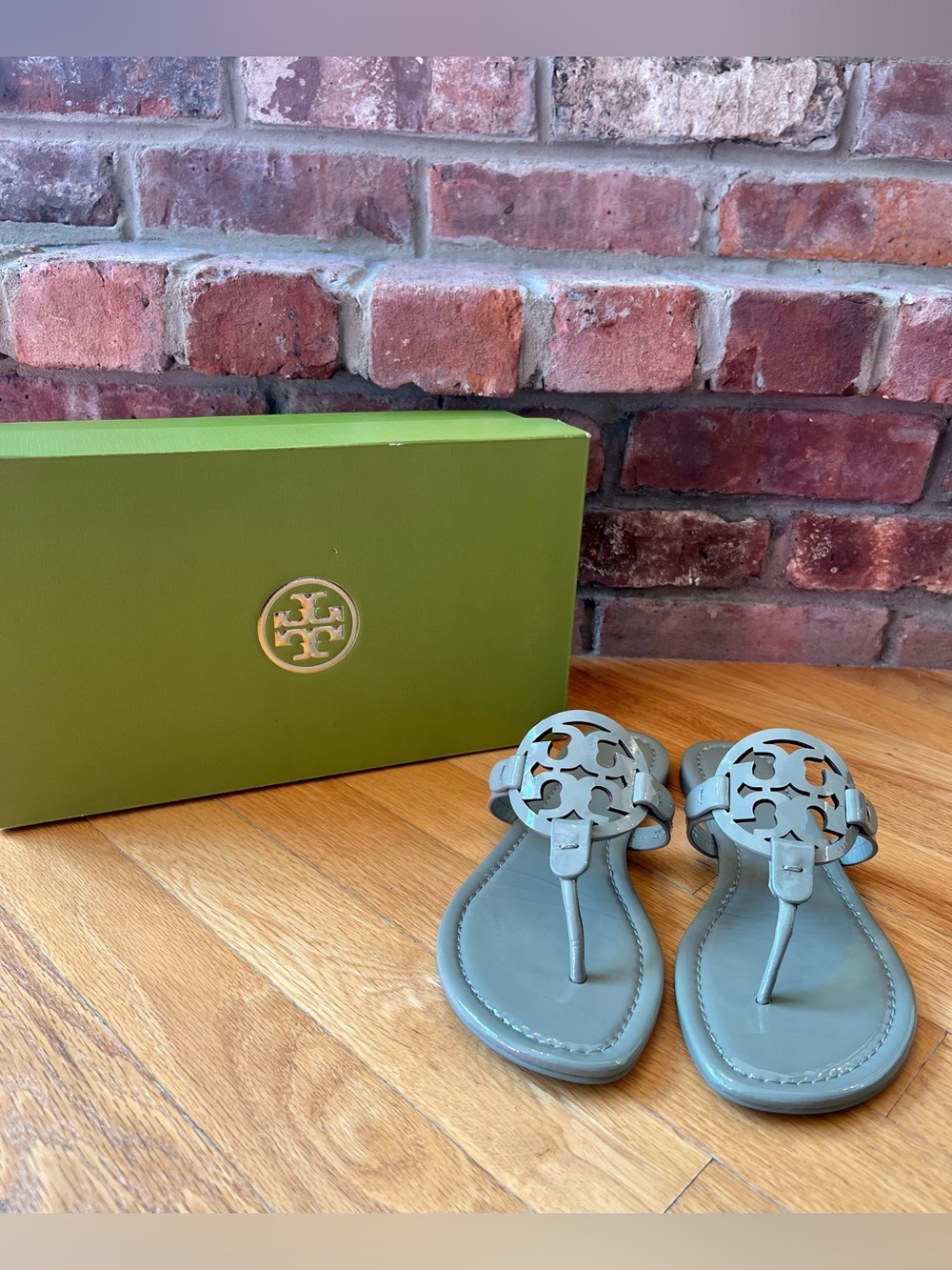 Tory Burch Light Jade Green Patent Leather Iconic Miller Sandals